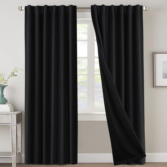 H.VERSAILTEX 100% Blackout Curtains for Bedroom with Black Liner Full Room Darkening Curtains 84 Inches Long Thermal Insulated Back Tab/Rod Pocket Window Drapes for Living Room, 2 Panels, Jet Black