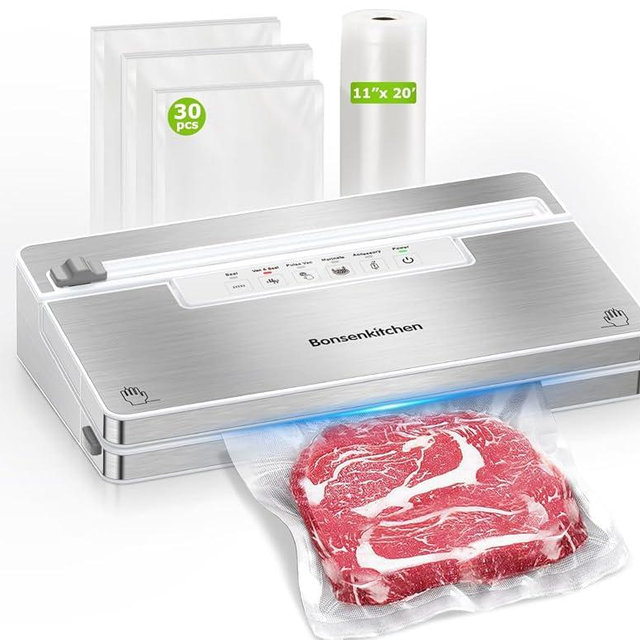 Bonsenkitchen Vacuum Sealer Machine, Stainless Steel Food Sealer Vacuum Sealers with 30 Bags & 1 Roll, 5 Food Vacuum Modes, Built-in Cutter & Bag Storage (White Silver)