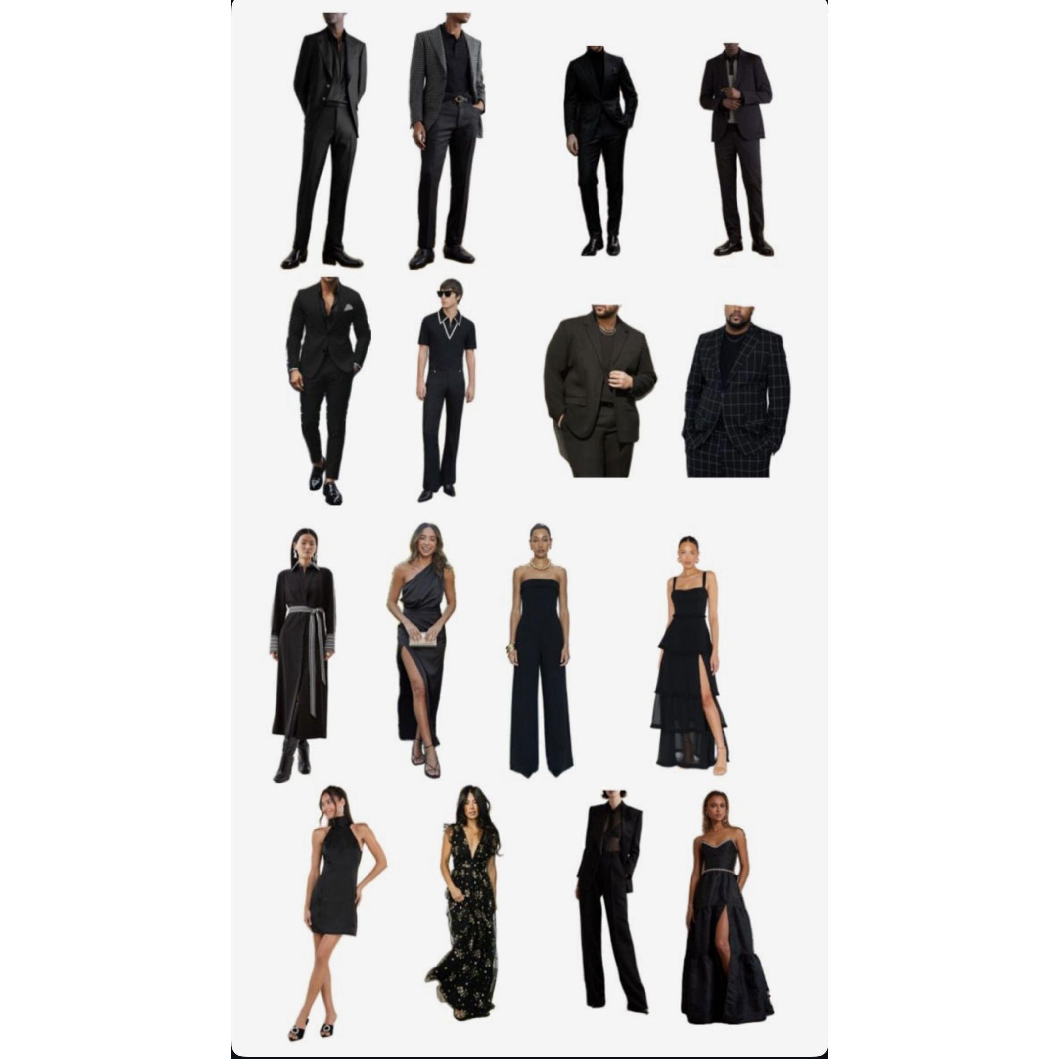 Here we have some examples of what you may wear to our all black attire Wedding.