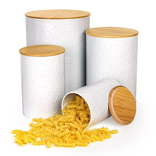 White Canister Sets for Kitchen Counter, Flour and Sugar Containers with Airtight Lid, Honeycomb Design Food Storage Containers with Bamboo Lid, 4 Pack