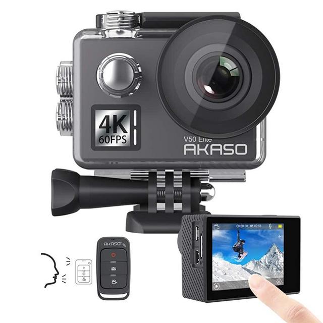 AKASO V50 Elite 4K60fps Touch Screen WiFi Action Camera Voice Control EIS Web Camera 131 feet Waterproof Camera Adjustable View Angle 8X Zoom Remote Control Sports Camera with Helmet Accessories Kit