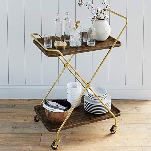 Nathan James Hallie Retro Mid-Century, Rectangle, Rolling Bar Serving Cart with 2-Tier Trays and Powder Coated Metal Finish, Dark Walnut/Gold