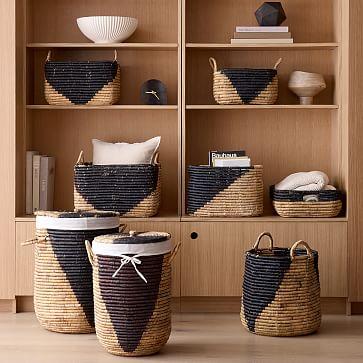 Woven Seagrass Basket Collection - Natural/Black - Tall Round