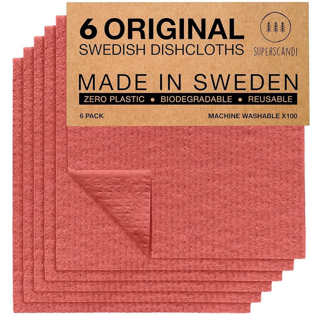SUPERSCANDI Swedish Dishcloths Reusable Biodegradable Cellulose Sponge Cleaning Cloths for Kitchen Paper Towel Replacement Washcloths (6 Pack, 6 Pack Maroon)