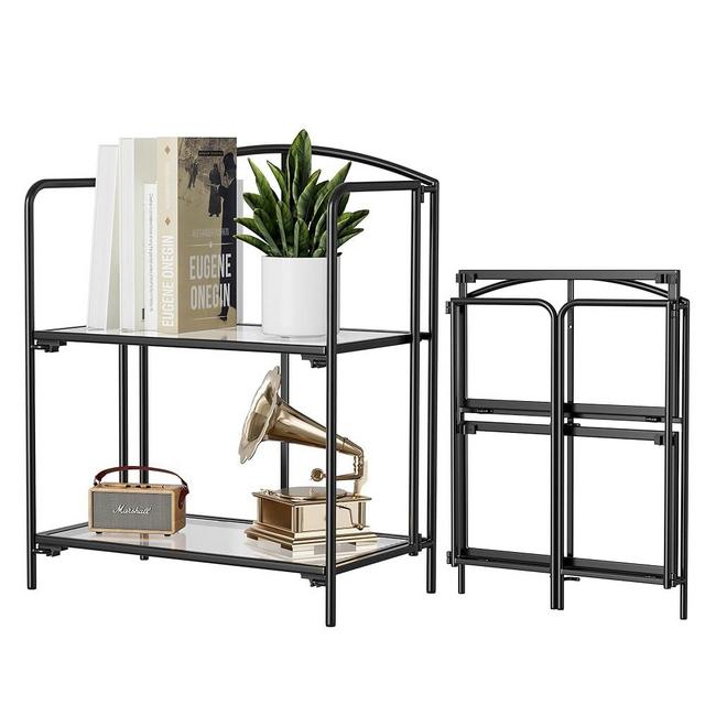 Crofy No Assembly Folding Bookshelf for Living Room, 2 Tier Black Collapsible Book Shelf for Home Office, Portable Bookcase Storage Organizer