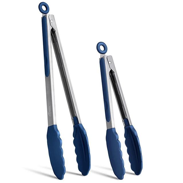 HOTEC Premium Stainless Steel Locking Kitchen Tongs with Silicon Tips, Set of 2-9" and 12", Classic Blue