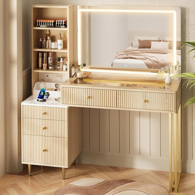 DAMCROP 44” Fluted Vanity Desk with 32” Lighted Mirror & Power Outlet, Makeup Vanity with Glass Top, 3 Adjustable Light Colors, Curved Design, 5 Drawers, Modern Dressing Table Set for Bedroom (Oak)
