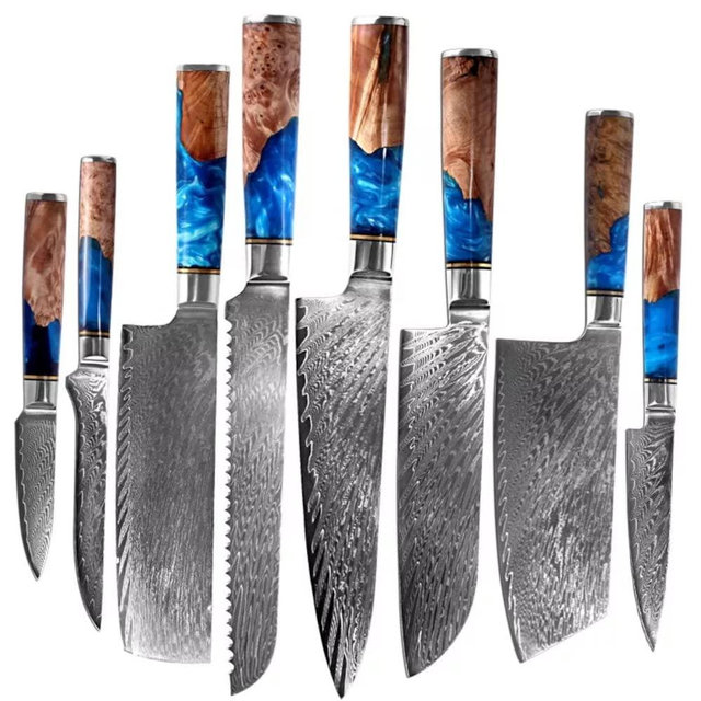 The Epicurean Cook Tidal Collection kitchen knife set with Burl Wood Resin Handles (Blue Resin Handle). This 8-pc damascus chef knife set, are ideal kitchen knives set for the kitchen.