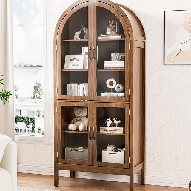 Lxsxlome 70.9'' Tall Arched Display Cabinet with Acrylic Glass Doors, Modern 5-Tier Arched Bookcase, Kitchen Pantry Storage Cabinet Curio Cabinets for Living Dining Room (Walnut, 31.5‘’W)