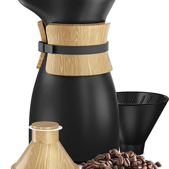 Pour Over Coffee Maker, Ceramic Carafe and Cone Funnel, Bamboo Insulation, 18.5 fl. Oz, 2 Cups, Hand Drip Café Brewer and Slow Brew Pot… (Black) (Black)