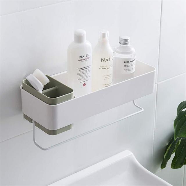 SHE'S HOME Bathroom Wall Organizer, Shower Caddy Wall Mounted Adhesive with Towel Rack Toothbrush Shampoo Holder for Shower Storage, Green