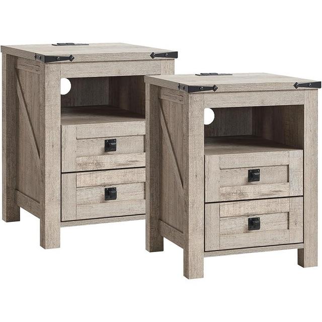 T4TREAM Farmhouse Nightstand Set of 2 with Charging Station, Rustic End Table with 2 Drawers, Storage Open Shelf for Bedroom, Living Room, Wood Side Table, Light Rustic Oak
