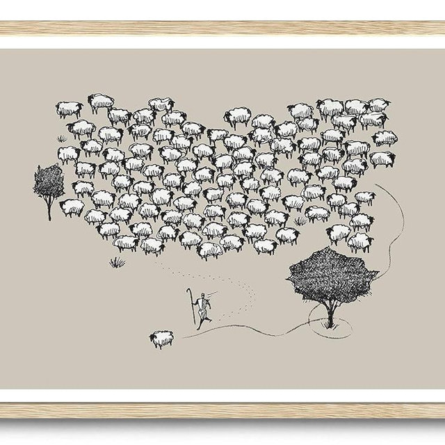 KISSFOX Jesus Leaves the 99 Sheep OAK Wood Framed Wall Art Christian Inspirational Canvas Art Prints Modern Lost Sheep Pictures Wall Decor Sketch Faith Art Paintings Posters For Bedroom Living Room