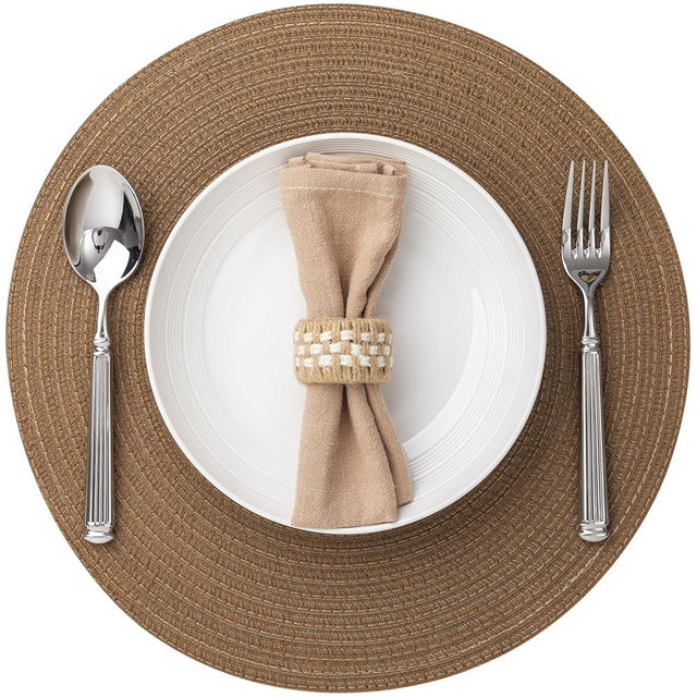 Round Placemats Set of 6 Woven Placemats Washable Braided Table Mats for Dining Table Heat Resistant Non-Slip Circle Place Mats(Brown)