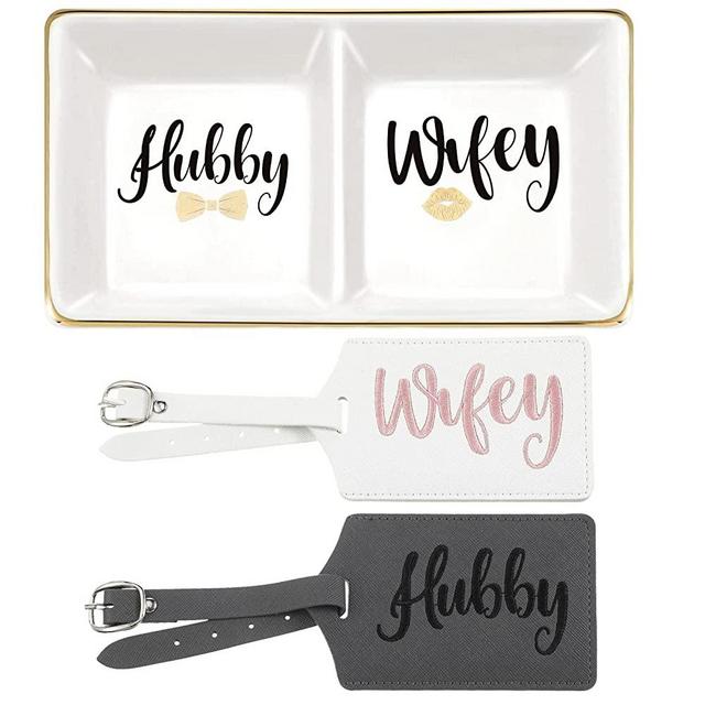 Wedding Ring Dish Engagement Ring Dish Ceramic Trinket Tray Wedding Jewelry Ring Holder with 2 Pieces Luggage Tags Faux Leather Travel Tags for Bridal Shower Honeymoon Newlyweds (Hubby & Wifey)