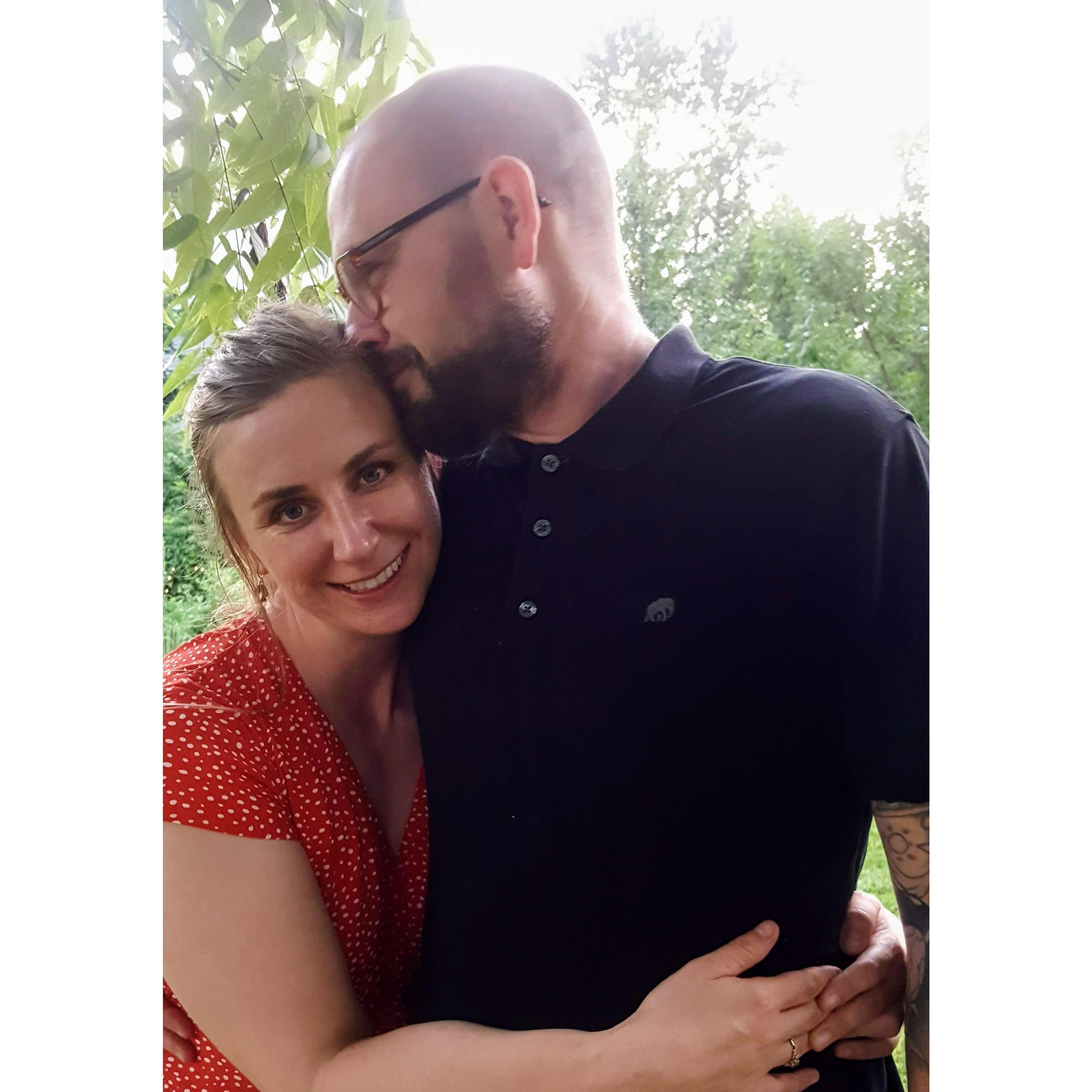 At our friends' (Julia and Dan's) wedding in summer 2019, in an Urbana, IL, backyard where we spent many happy summer nights
