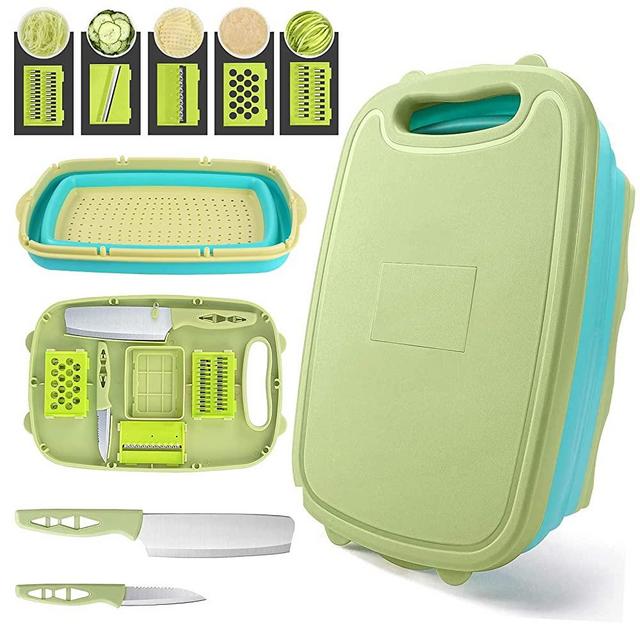 Collapsible Cutting Board, HI NINGER Foldable Chopping Board with Colander, 9-In-1 Multi Chopping Board Kitchen Vegetable Washing Basket Silicone Dish Tub for Camping, Picnic, BBQ, Kitchen-Green