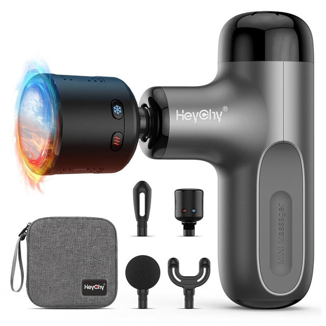 HEYCHY Mini Massage Gun with Heat and Cold, Deep Tissue Massage Gun, Portable Percussion Muscle Massager with 4 Massage Heads for Athletes