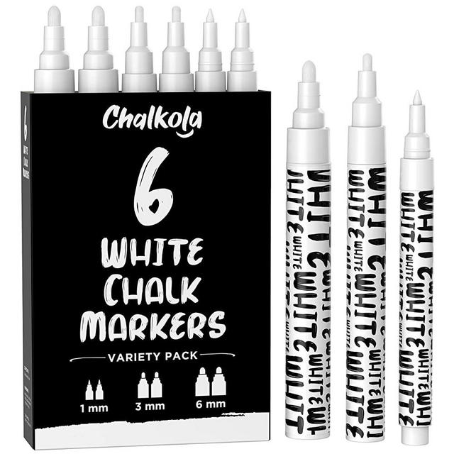 Chalkola White Chalk Markers - White Dry Erase Liquid Chalk Pens for Chalkboard, Blackboard, Window, Bistro, Car Glass, Board, Signs - Variety Pack of 6 - (2x) 1mm, 3mm & 6mm