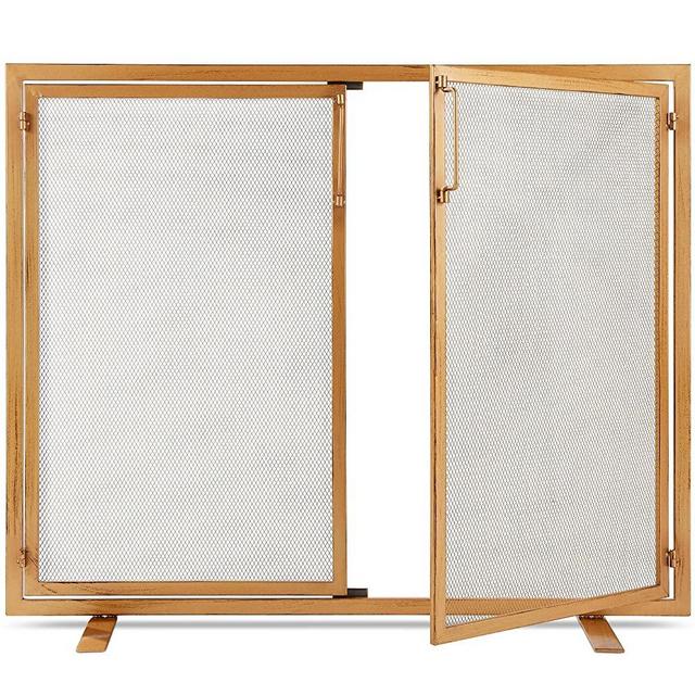 Best Choice Products 38.5x31in 2-Door Fireplace Screen, Handcrafted Wrought Iron Decorative Mesh Geometric Fire Spark Guard w/Magnetic Panels - Gold