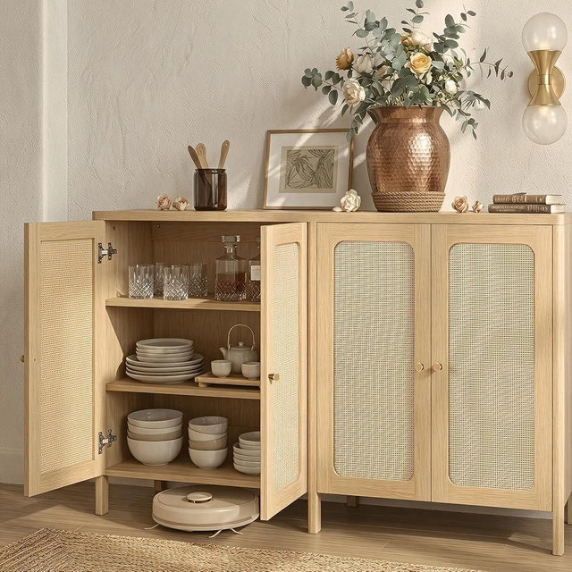 KISLOT 63" Rattan Buffet Cabinet with Storage, Sideboard with Adjustable Shelf, Accent Kitchen Floor Storage Cabinet with 2 Doors, Coffee Bar for Living Room, Entryway, Natural Oak(2 Box)
