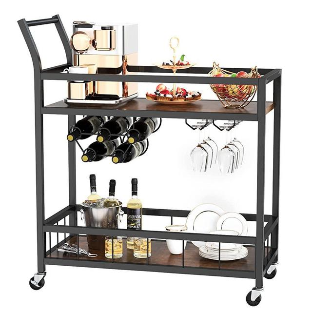 Furmax Bar Cart Home Industrial Mobile Bar Cart Serving Wine Cart on Wheels with Wine Rack and Glass Holder 2 Wood Storage Shelves for Living Room, Kitchen, Party (Black)