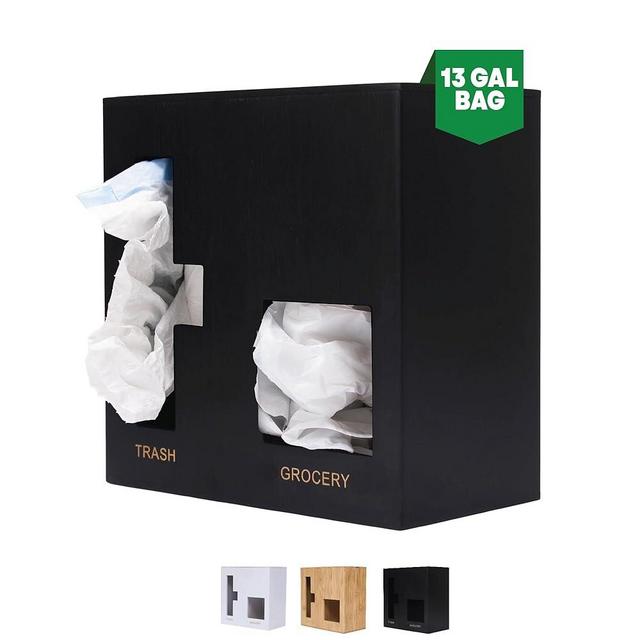 Panda Palace Bamboo Grocery Bag Holder & Trash Bag Dispenser - Versatile Kitchen Bag Organizer for Plastic Bag Storage | Wall Mount/Over-Cabinet 100-Day Guarantee (Black)