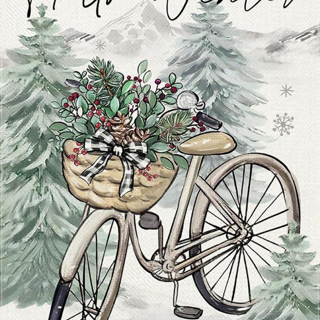 Covido Hello Winter Bike Decorative Garden Flag, Bicycle Pine Tree Red Berries Snowflake Yard Outside Decorations, Christmas Holiday Seasonal Outdoor Small Home Decor Double Sided 12 x 18