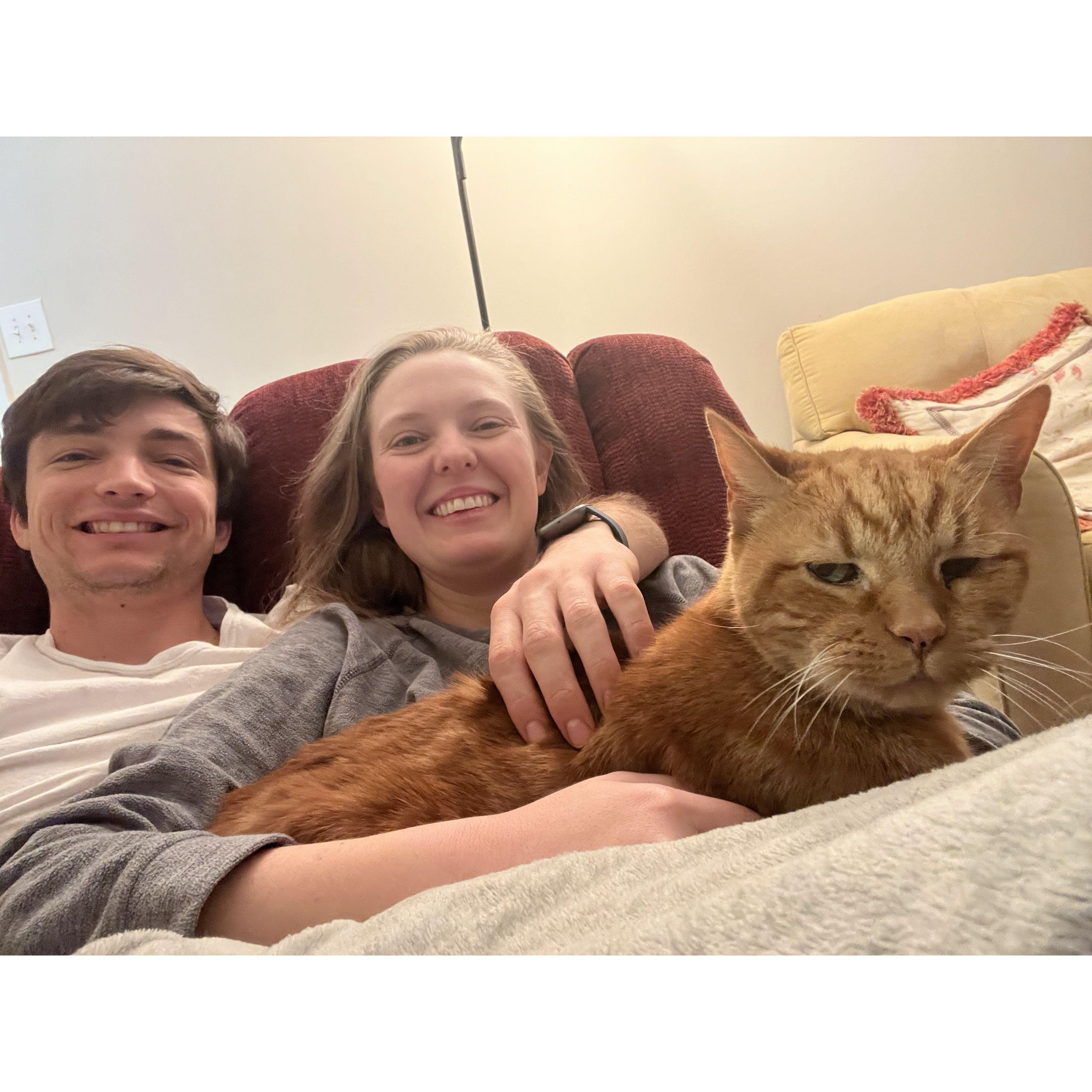 Georgie's famous red recliner can still comfortably fit the men in her life alongside her, though Bradley would prefer the chair to himself