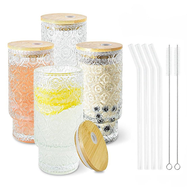 Icesip 4 Pcs 16oz Drinking Glasses Cups Set with Bamboo Lids Straws Brush Begonia Vintage Glassware Set for Juice Iced Coffee Beer Cocktail Whiskey