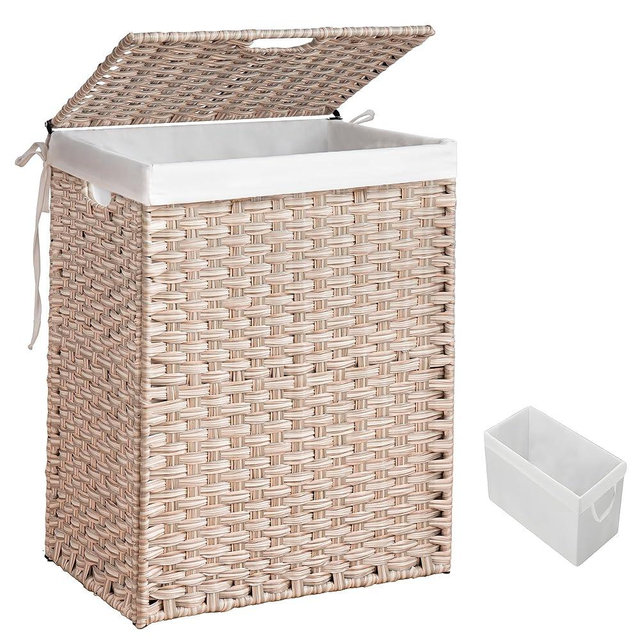 HYCHIKA Laundry Hamper with Lid and Wheels, 26.4 Gallon (100 L) Wicker Laundry Basket with Removable Bags and Handles, Woven Clothes Basket for Bedroom, Bathroom (18.3" * 13.5" * 24")