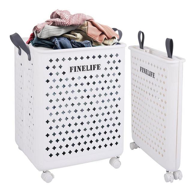 LFGUD 63L Collapsible Laundry Basket with Wheels and Handle, Plastic Foldable Laundry Hamper, Versatile Portable Storage Basket, Space Saving Dirty Clothes Laundry Hamper for Laundry and Bathroom
