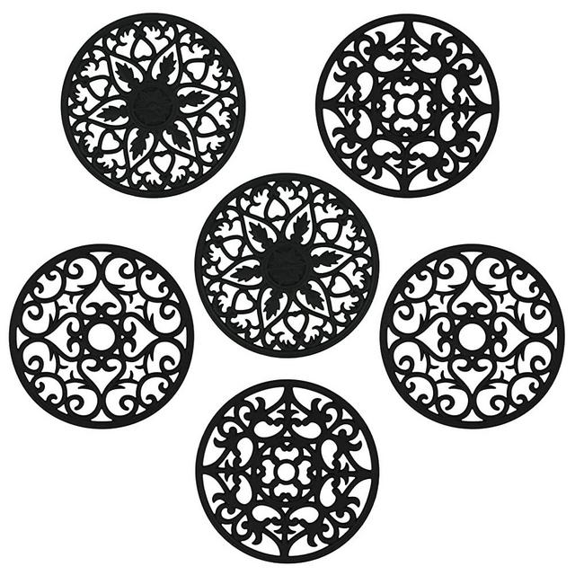 Nstezrne Silicone Trivets for Hot Dishes, Hot Pads for Hot Pots and Pans, Intricately Carved Silicone Trivet Mat for Kitchen, Multi Purpose Heat Resistant Mat, Round Silicone Plate Mats Set 6 Black