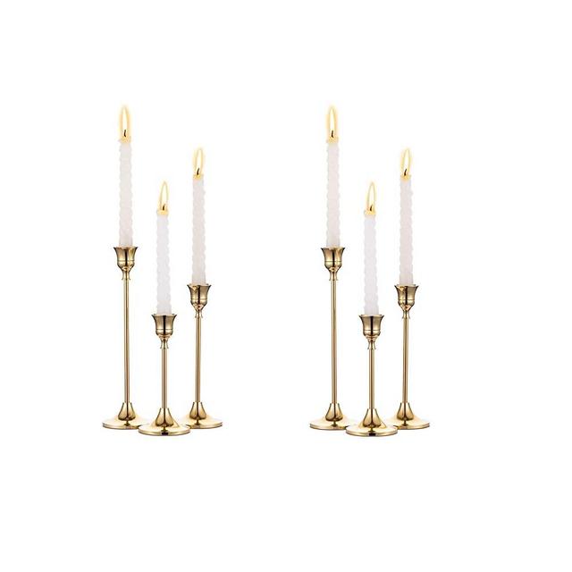 Nuptio 2 Sets(6 Pcs) Brass Gold Metal Taper Candle Holders Candlestick Holders, Vintage Modern Decorative Centerpiece Candlestick Holders for Table Mantel Wedding Housewarming Gift