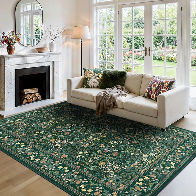AMADA HOMEFURNISHING 6x9 Area Rugs, Non-Slip & Low-Profile Living Room Rug with Durable Edge Binding, Soft Large Washable Floral Rug for Living Room, Bedroom, Dining Room