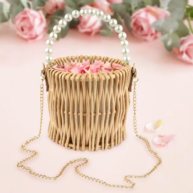 Wicker Flower Girl Basket with Drawstring Pouch & Handle - Natural