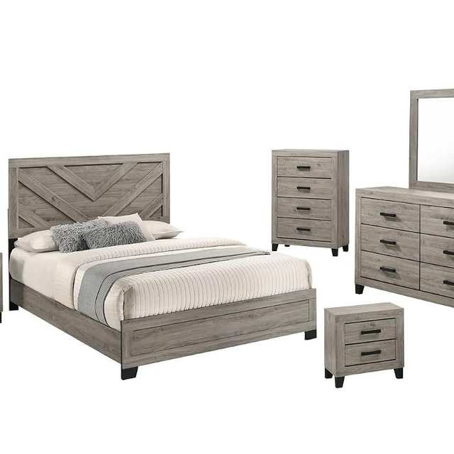 Furniture Rustic Charm Bedroom Set with Chevron Panel Headboard