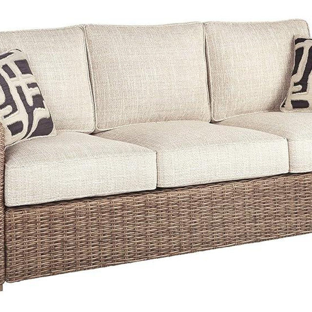 Signature Design by Ashley Beachcroft Outdoor Wicker Patio Sofa with Cushion and 2 Pillows, Beige