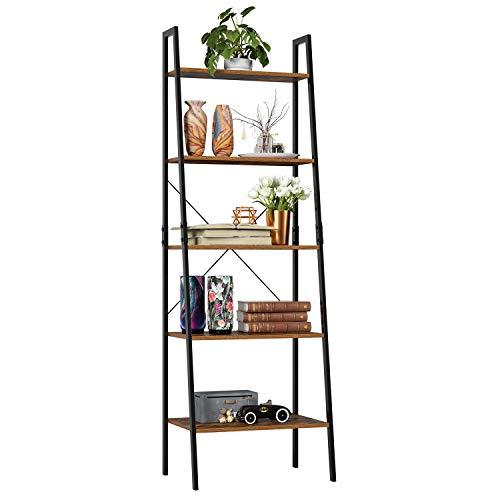 Homfa Industrial Ladder Shelf, 5 Tier Bookshelf Plant Flower Stand Storage Rack Multipurpose Utility Organizer Shelves Wood Look Accent Metal Frame Furniture Home Office