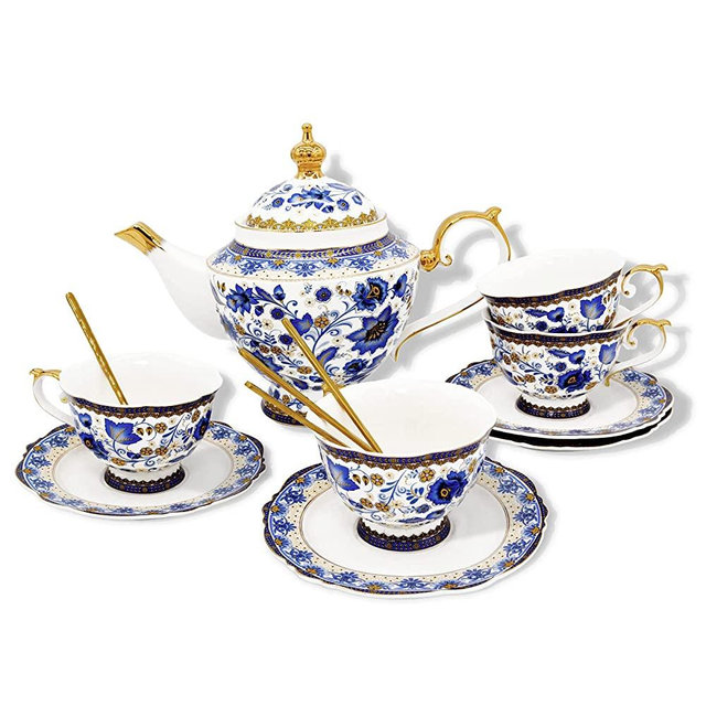 ACMLIFE Bone China Tea Set with Teapot,9-Piece Blue and White Porcelain Tea Cup Set,Tea Cup and Saucer Set Service for 4,with 44 Ounces Teapot…