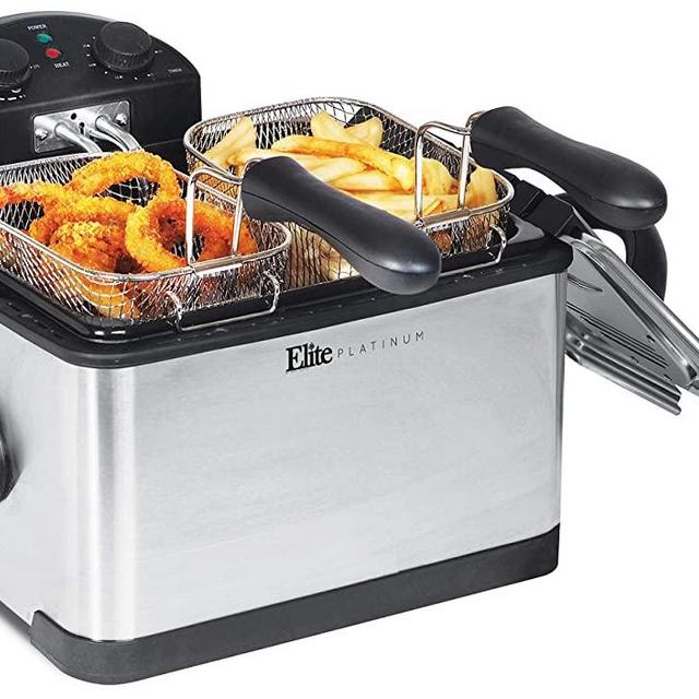 Elite Gourmet 1700-Watt Stainless-Steel Triple Basket Electric Deep Fryer with Timer and Temperature Knobs and Odor Free Filter, 4.2L/17-Cup