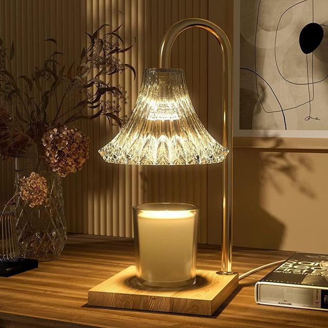Candle Warmer Lamp - Glass Fragrance Candle Lamp Home Decor Electric Candle Warmer Light with Timer Dimmer Vintage Metal Wooden Base for Jar Candles，Ideal Gift for Candle Lovers/Friends/Family
