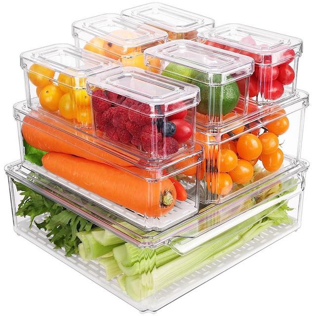 Moretoes 10pcs Fridge Organizer Kit, Clear Refrigerator Organizer Bins with Lids Stackable BPA-Free Fruit Storage Containers of 4 Sizes for Food Vegetable Drinks Kitchen