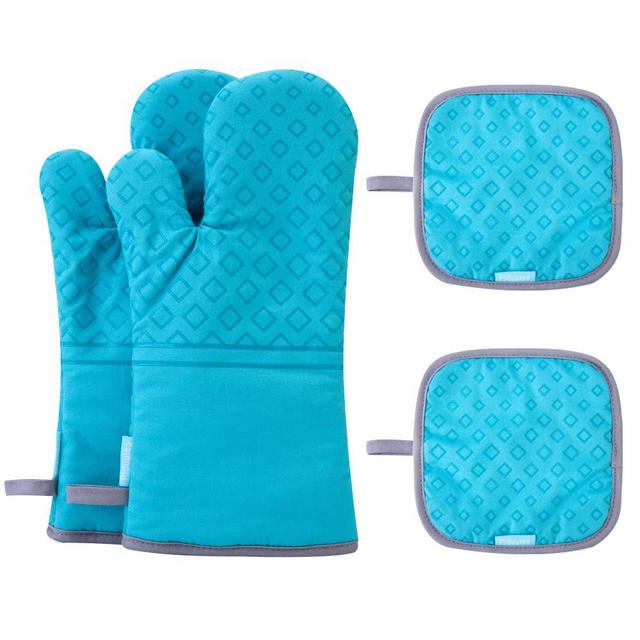 Piduules Set of 4 Oven Mitts and Pot Holders, 482 F Heat Resistant Hot Plate Moving Non-Slip Gloves for BBQ, Grill, Baking, Cooking, Oven, Microwave (Turquoise)