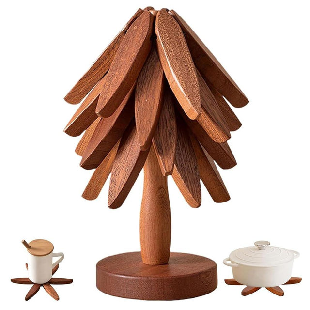 JILITSE Wooden Tree Trivets for Hot Dishes - Set of 4 with Stand, Natural Foldable Kitchen Trivets for Pots, Pans, Bowls & Teapots - Walnut