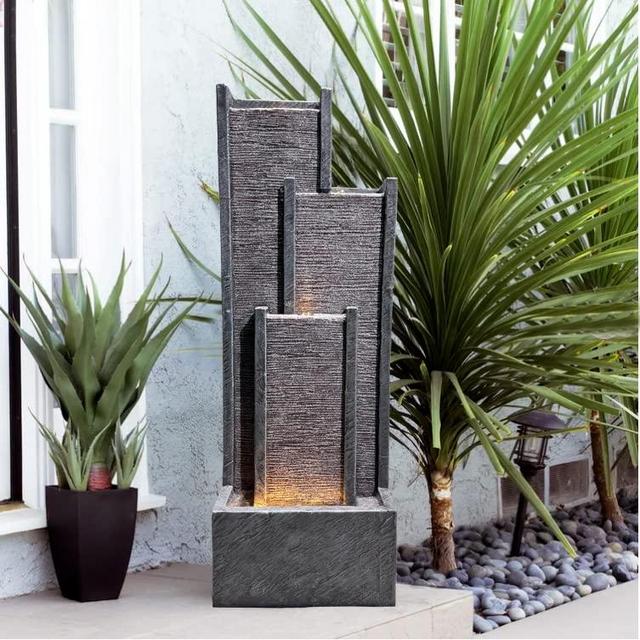 SERBILHOME Water Fountain Outdoor Indoor Modern Cascading Floor-Standing Fountain with Led Lights and Pump- 39.3” H Contemporary Curves Garden Fountain for Office,House, Garden, Patio