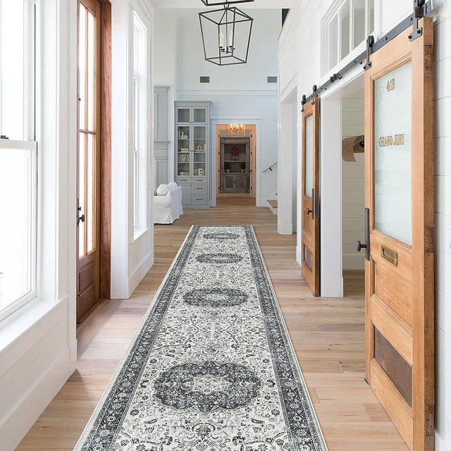 Hallway Washable Runner Rug - 2x10 Kitchen Rugs Entryway Rug Runner Vintage Soft Floor Mat Non Slip Indoor Farmhouse Carpet for Bathroom Living Room Bedroom (2 X 10, Grey)
