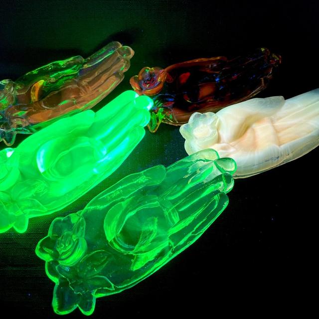 Uranium Glass Hand Bowl Floral Hand dish UV reactive Cadmium Vaseline Art Glass ladies Hand Vintage Collectable CHOOSE your COLOR