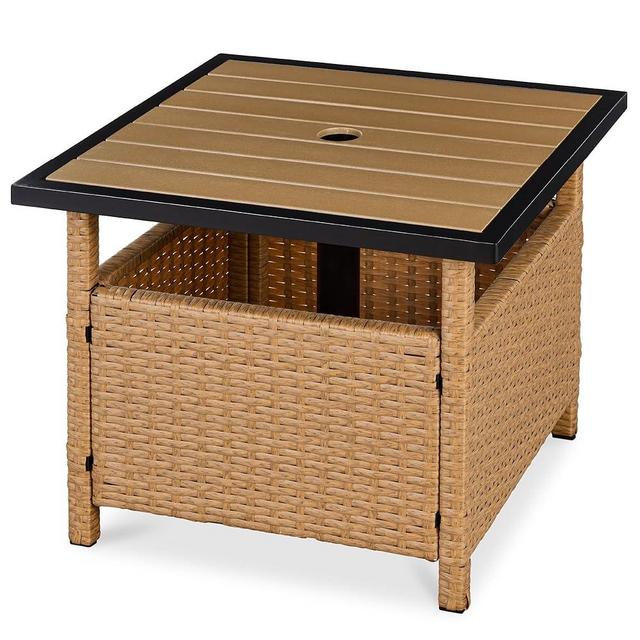 Best Choice Products Wicker Side Table with Umbrella Hole, Square PE Rattan Outdoor End Table for Patio, Garden, Poolside, Deck w/UV-Resistant Frame, Storage Space - Natural
