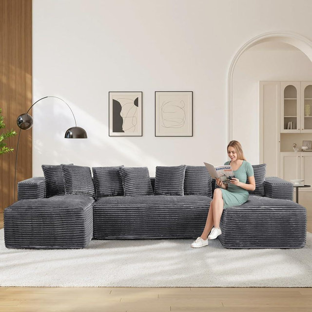 ONEMMLION Modular Sectional Sofa Cloud Couch, 131" Dark Grey Boneless Couches for Living Room, Modern Deep Seat Plush Corduroy Sofa, Fluffy Memory Foam U Shape Sectional Couch with Chaise Lounge